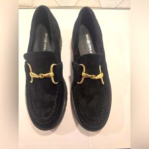 Rizzoli Woman’s Black Suede Slip On Loafers With Gold Buckle Size 6.5 - 39